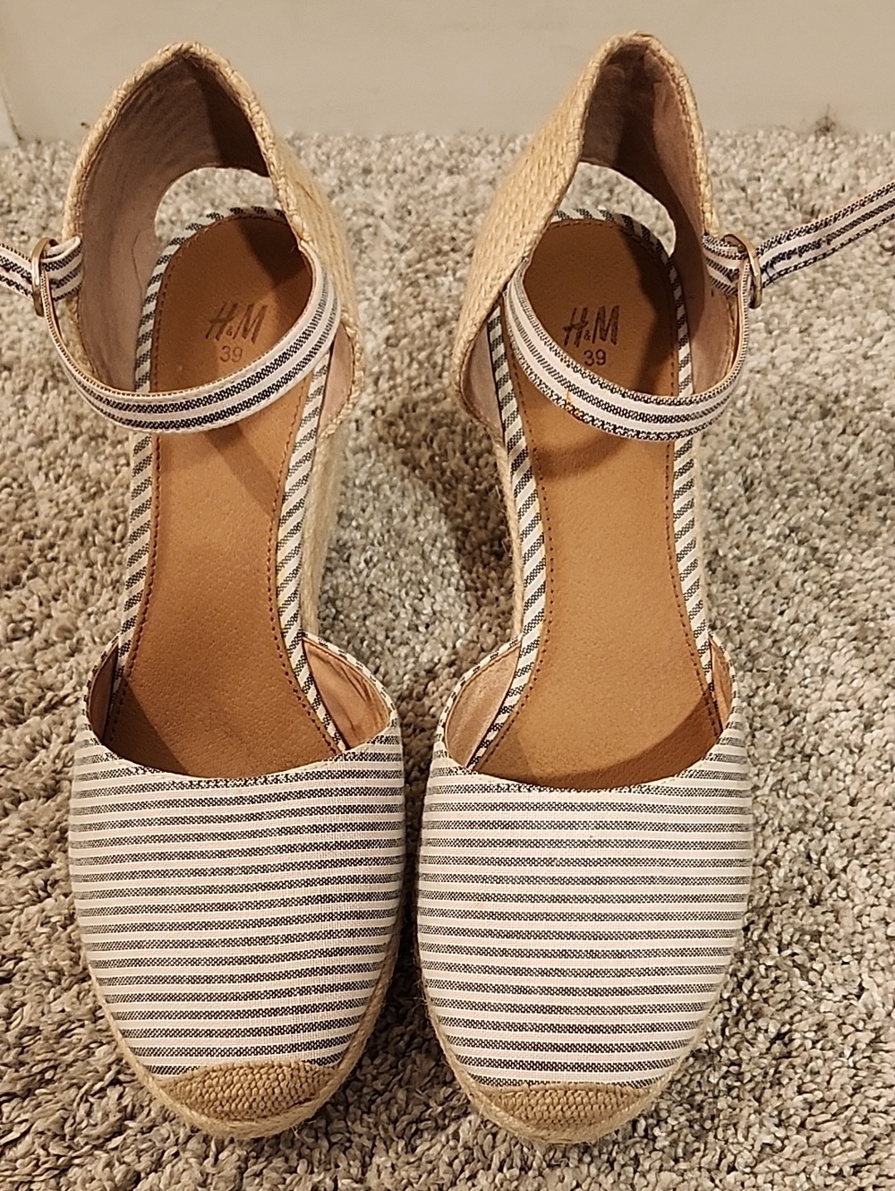 H&M Striped Espadrille Wedge Sandals in Beige and Denim Blue